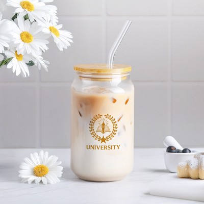 16 oz Glass Can with Bamboo Lid & Straw